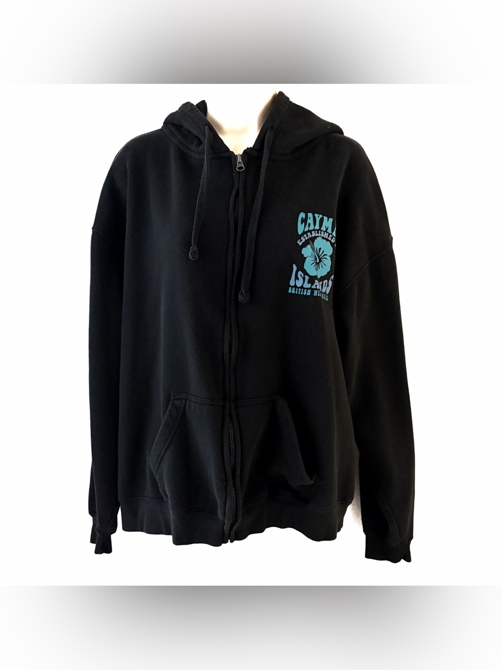 Black Zip-Up Hoodie with Aqua Cayman Islands Graphic